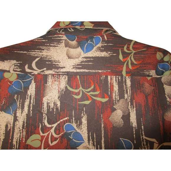 Vintage 70s Joel Cal Made Polyester Disco Shirt Wood Foliage Pattern Mens Lg GUC - Picture 13 of 16